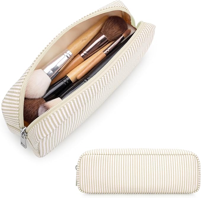 Striped Travel Makeup Brush Bag, Pencil Case and Cosmetic Pouch | Seersucker by JINSI