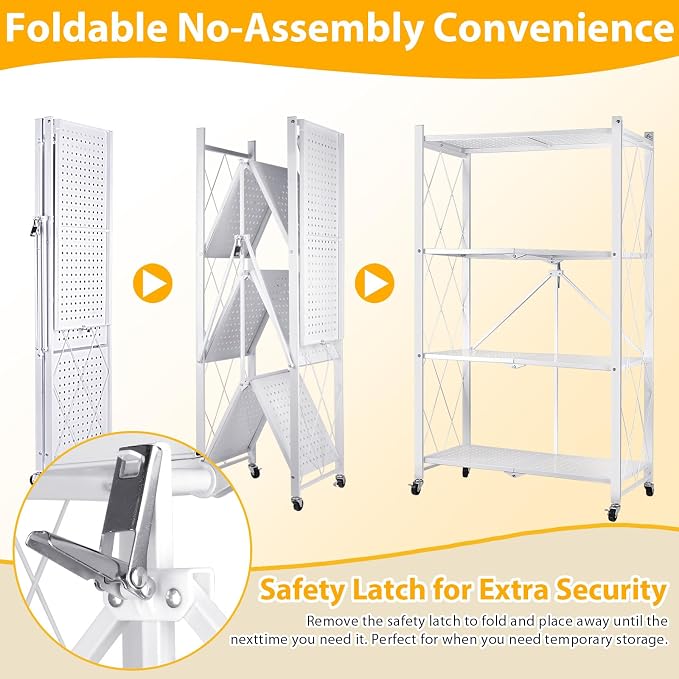 4 Tier Folding Storage Shelf on Wheels, Collapsible Shelving Unit Rolling - Image 6