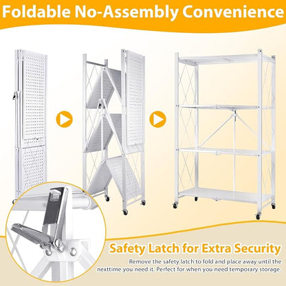 4 Tier Folding Storage Shelf on Wheels, Collapsible Shelving Unit Rolling - Image 6