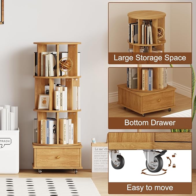 3-Tier Rotating Bookshelf with Drawers on Wheels, 360° Spinning Corner Bookcase - Image 5