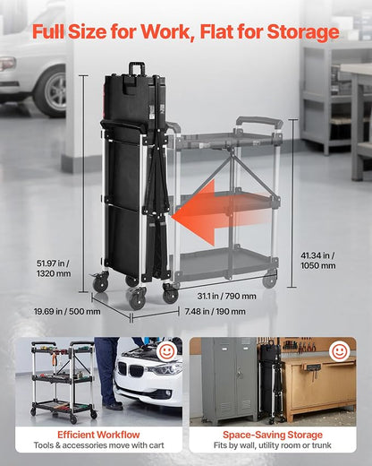 VEVOR 3 Shelf Heavy Duty Folding Jobsite Cart, 3 Tier Rolling Cart - Image 2