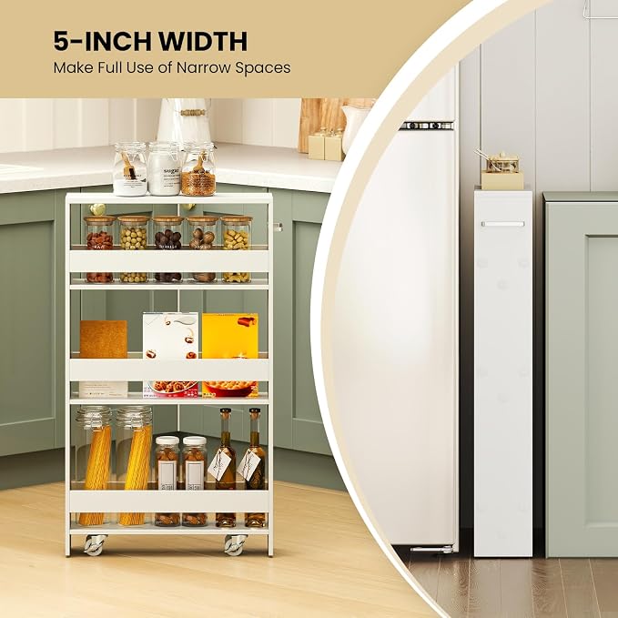Small Kitchen Cart, 4-Tier Slim Rolling Island w/Handle, Laundry Room Storage - Image 5