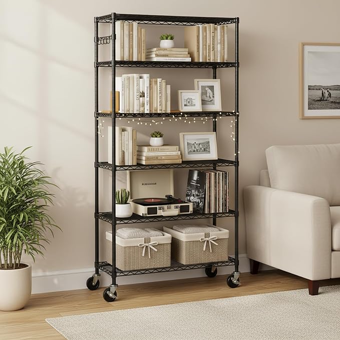 6-Tier Metal Storage Rack with Wheels, Sturdy Adjustable Wire Shelving Unit - Image 6