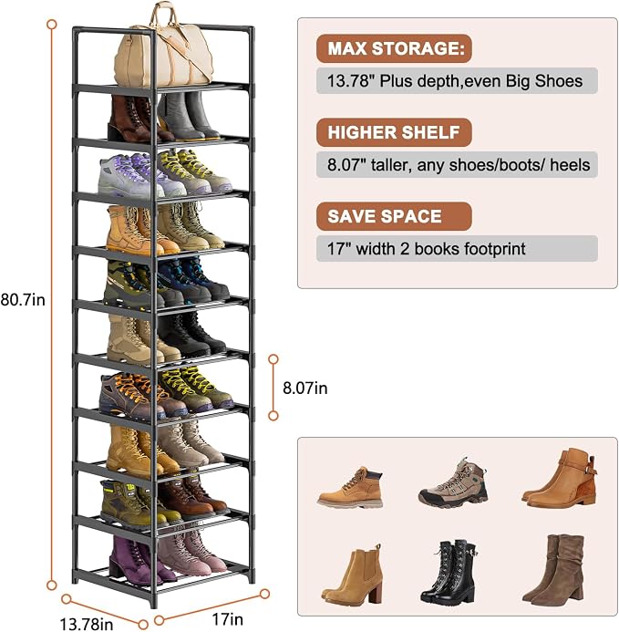 OYREL Shoe Rack, Upgrade Plus Narrow 10 Tier Shoes Organizer - Image 3