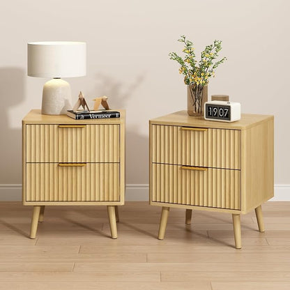CARPETNAL Fluted Nightstand Set of 2, Oak Bedside Table by CARPETNAL