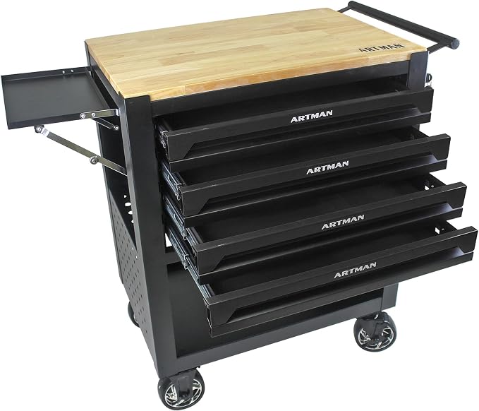 36" Tool Box with Wheels 4 Drawers Rolling Tool Cart, Wooden Top Workbench - Image 3