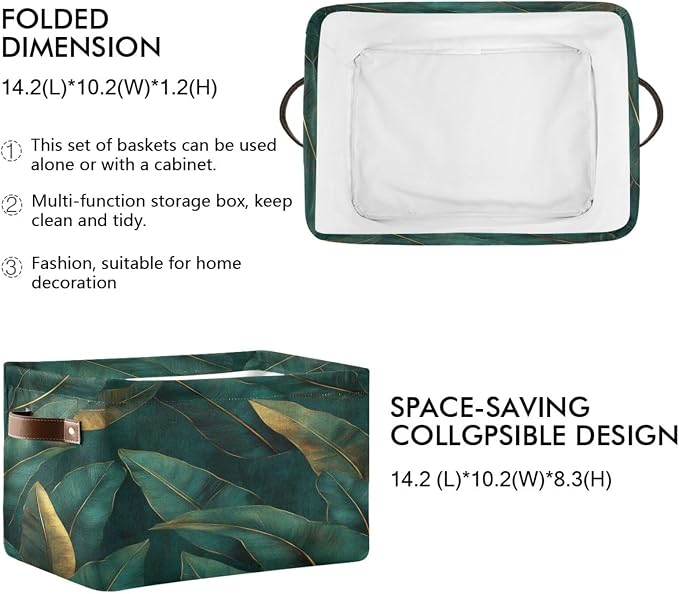 Dark Green and Gold Leaf Pattern Storage Bins Box Foldable Shelf Basket - Image 2