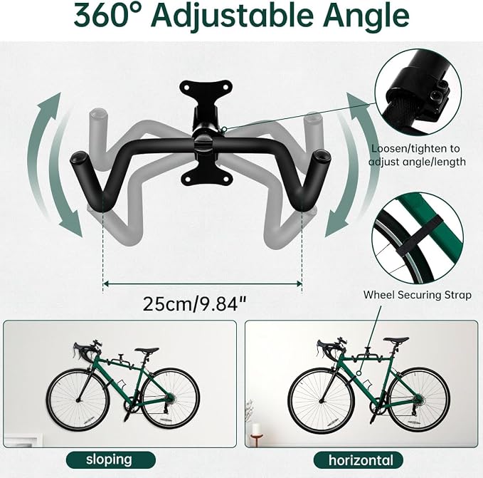 Black Bike Wall Mount Hanger Adjustable Space Saving Horizontal Bicycle Rack - Image 2