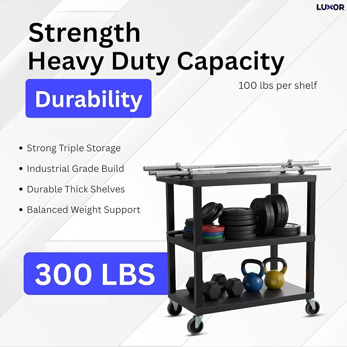 Luxor EC222-B Multipurpose Utility Cart, 1.62" Thick Flat Shelves, Ergonomic - Image 3