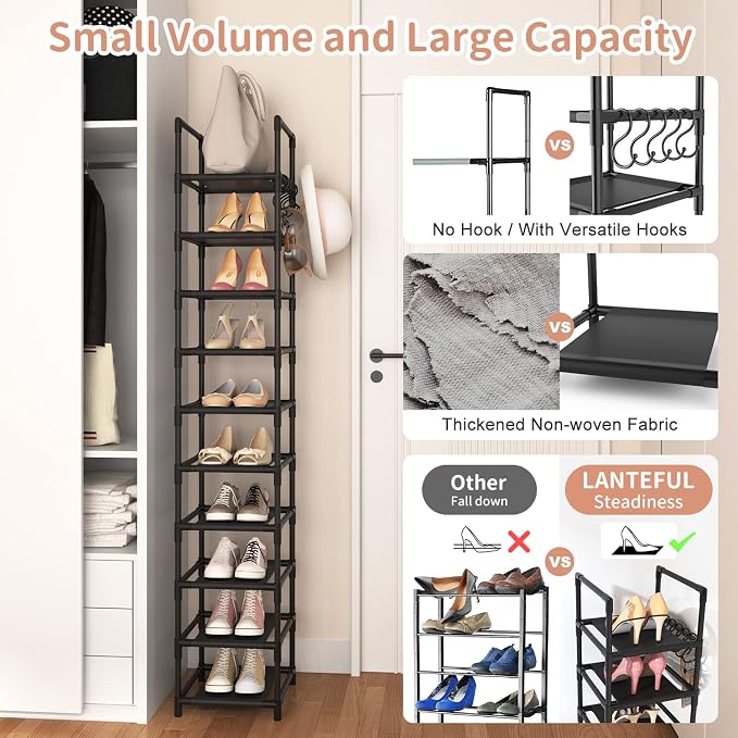 LANTEFUL Tall Narrow Shoe Rack for Entryway, 10-Tier Sturdy Metal Shoe Shelf - Image 6