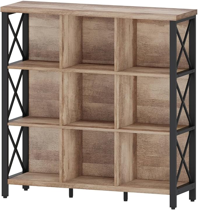 FATORRI 9 Cube Storage Bookshelf, 4 Shelf Book Shelf, Farmhouse Wood and Metal - Image 9