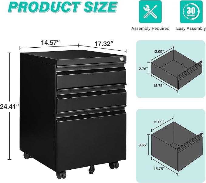 3 Drawer File Cabinet with Lock, Under Desk File Cabinet with Wheels, Three - Image 3