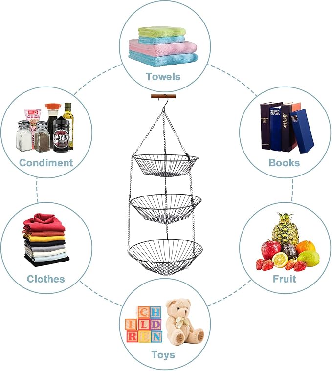 JUNCHU CHERRY 3-Tier Wire Fruit Hanging Basket 2 Packs, non-Punching Wall - Image 2