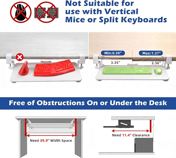 White Keyboard Tray Under Desk Clamp, 26.77" Large Under Desk Keyboard Tray - Image 4