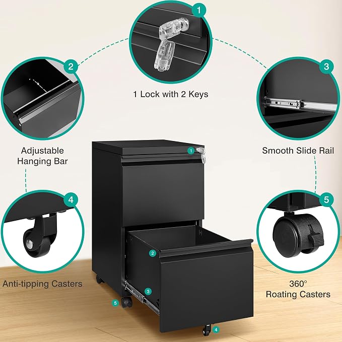 SISESOL Assembled 2 Drawer File Cabinet on Wheels, Metal Filing Cabinet - Image 6