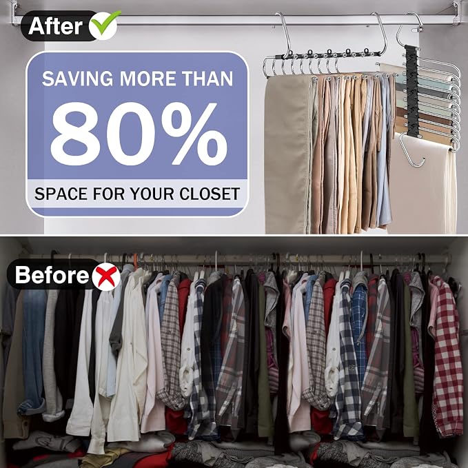 Upgrade 9 Layers Pants Hangers Space Saving, 2 Pack Non Slip Stainless Steel - Image 3