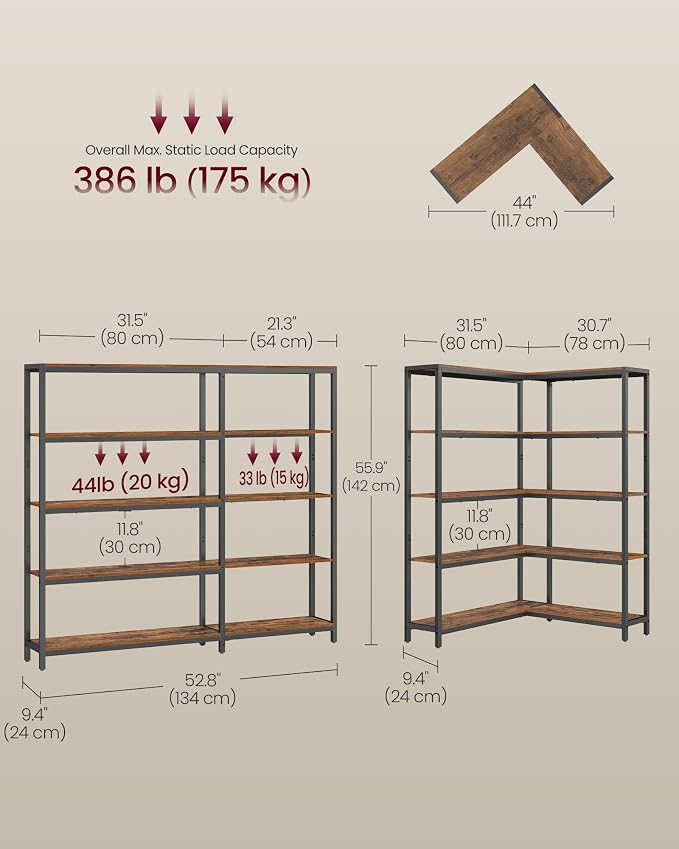 VASAGLE 5 Tier Bookshelf with Metal Frame, Convertible Industrial Corner Shelf - Image 3
