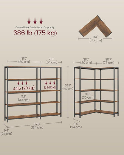 VASAGLE 5 Tier Bookshelf with Metal Frame, Convertible Industrial Corner Shelf - Image 3