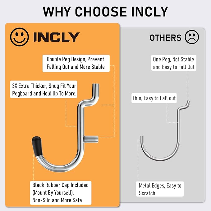INCLY 176PCS Extra Thick Pegboard Hooks, 1/4" Heavy Duty Metal Peg Board Hooks - Image 2