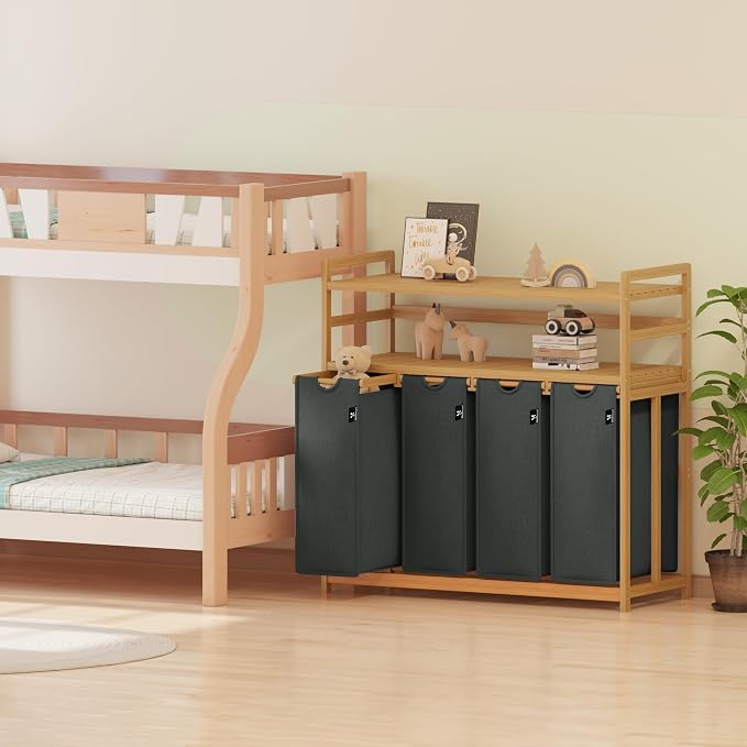 Bamboo Laundry Hamper with Shelf 200L, Laundry Basket 2-Tier with 4 Pull-Out - Image 8