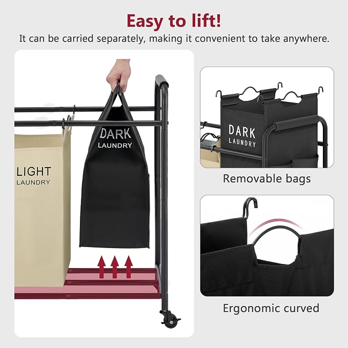 Tajsoon 3 Bag Laundry Sorter Cart, Laundry Hamper Sorter Basket - Image 4