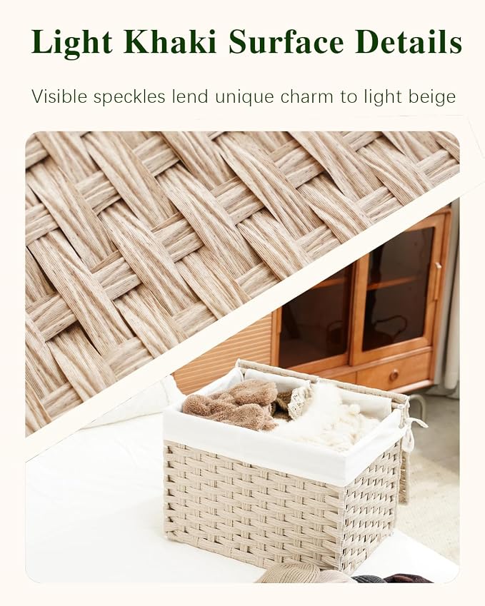 SETVSON Storage Basket with Lid, 2-Lid PE Rattan Storage Bin, Light Khaki | - Image 3