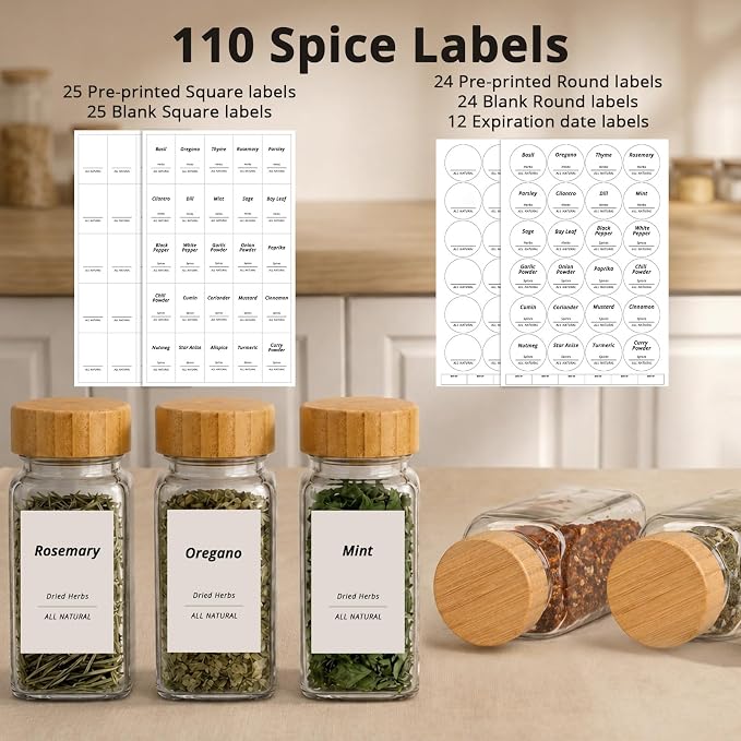 SHOWIN Spice Jars with Label, 8oz Spice Containers with Bamboo Lids 12pcs - Image 3