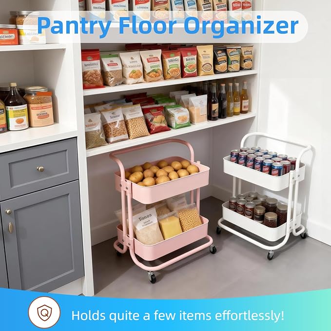 2 Tier Cart with Wheels Under Desk Storage with Handle, Metal Rolling Pantry - Image 2