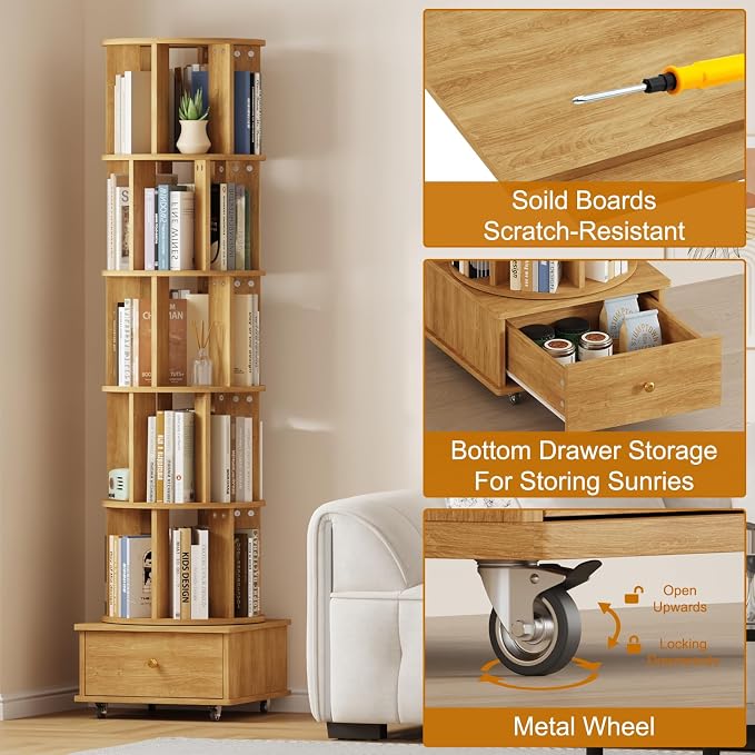 Rotating Bookshelf with Drawers on Lockable Wheels Wood Oak | 6 Tier Spinning - Image 5