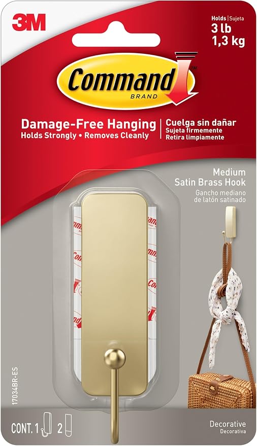 Command Medium Satin Brass Hooks, 1 Hook and 1 Strip, Damage-Free Hanging Wall by Unknown