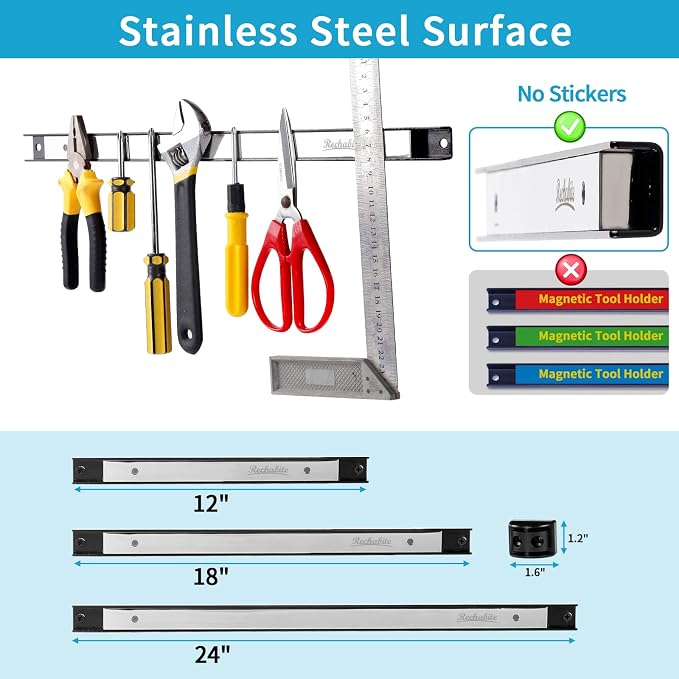 12" 18" 24" Magnetic Tool Holder Strip, Stainless Steel Surface Tool Magnet Bar - Image 4