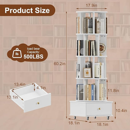 4-Tier Rotating Bookshelf with Drawers on Wheels, 360° Spinning Corner Bookcase - Image 2