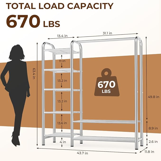 Heavy Duty Clothes Rack with 5 Tiers Shelves, Max Load 670LBS, Portable - Image 5