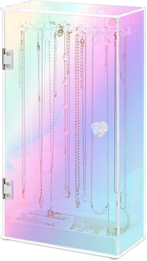 Jenseits Iridescent Necklace Organizer, Acrylic Necklace Holder w/Velvet Tray by Jenseits