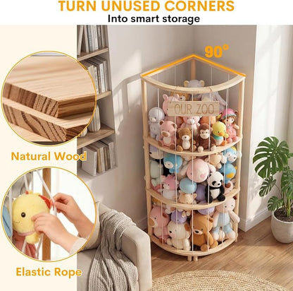 Corner Stuffed Animal Storage Tower, Large Wooden Plush Toy Storage Zoo - Image 4