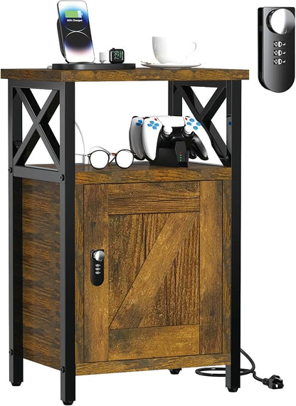 runjuly Wooden Nightstand with Lock Cabinet and Charging Station, Lockable by Home