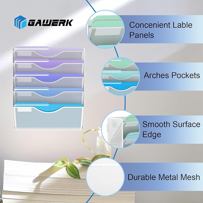 5 Tier Hanging Wall File Organizer, Mesh Mail Paper Orgnization Hanging File - Image 3