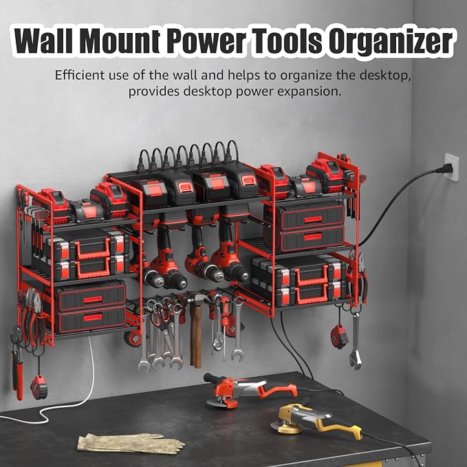 CCCEI Red Power Tool Organizer Wall Mount, Large Tools and Battery Storage Rack - Image 3