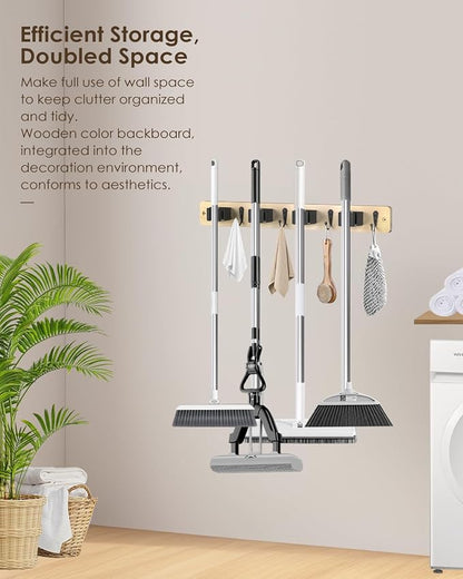 Broom Holder Wall Mounted, Light Wood 4 Holders and 4 Hooks Mop Holder - Image 5