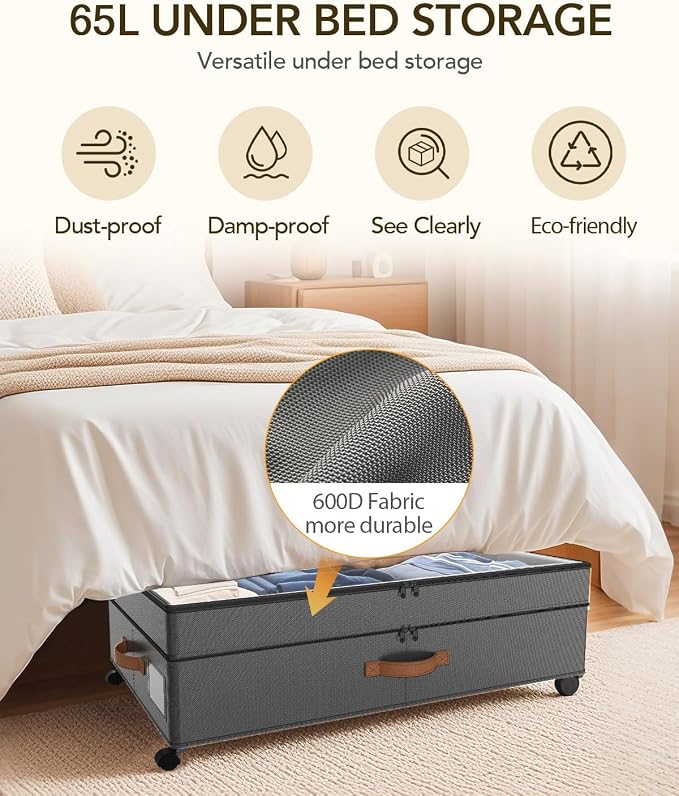 4 Pack Under Bed Storage with Wheels, Adjustable Height Storage Containers - Image 4