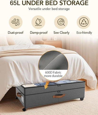 4 Pack Under Bed Storage with Wheels, Adjustable Height Storage Containers - Image 4
