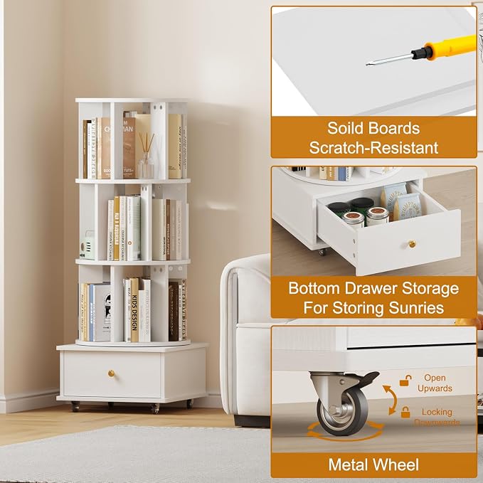 Rotating Bookshelf with Drawers on Lockable Wheels Wood White | 4 Tier Spinning - Image 6