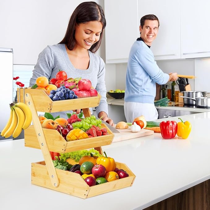 Bamboo Fruit Basket 3 Tier for Kitchen Counter, Assemble Display Stand for - Image 2