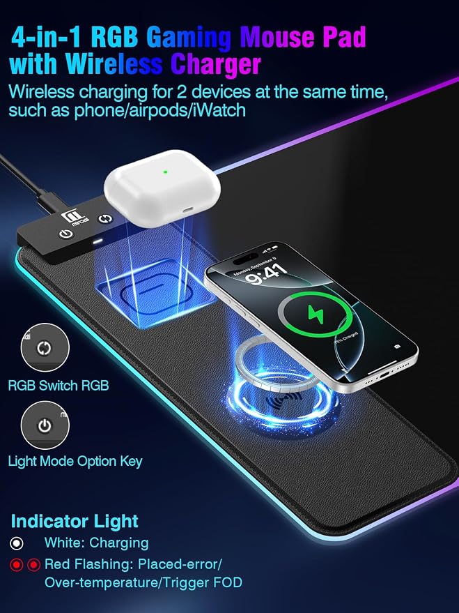 Mouse Pad with Magnetic Wireless Charging, Large Desk Pad Protector, RGB Black - Image 2