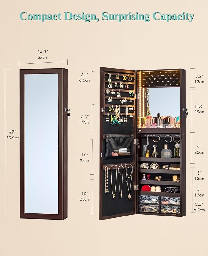 LUXFURNI Mirror Jewelry Cabinet 79 LED Lights Wall-Mount/Door-Hanging Jewelry - Image 7