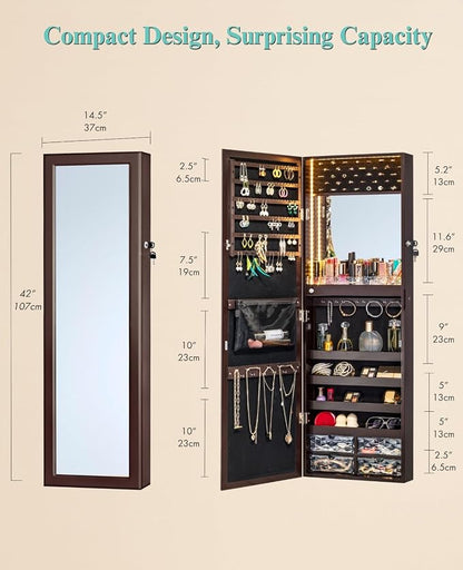 LUXFURNI Mirror Jewelry Cabinet 79 LED Lights Wall-Mount/Door-Hanging Jewelry - Image 7