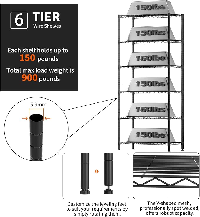 6 Tier Adjustable Storage Shelves, Heavy Duty Metal Utility Shelf 900LBS - Image 4