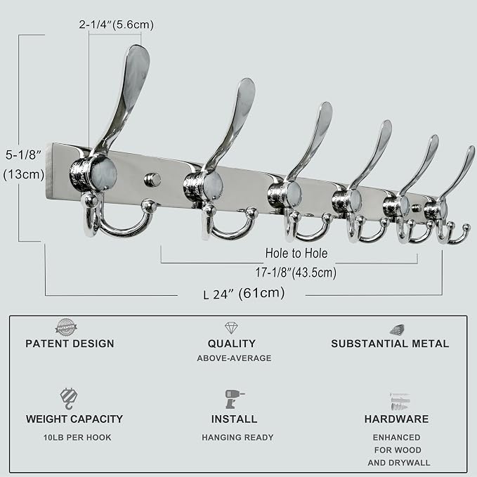 Dseap Coat Rack Wall Mount 2.0 Pro: 24” Long, 3X Tougher, Heavy Duty Stainless - Image 3