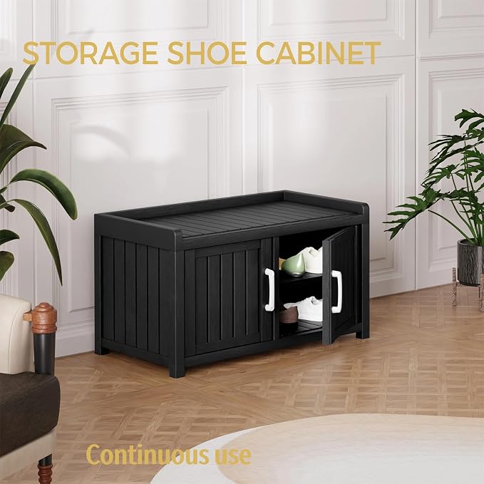 2-Tier Storage Bench, 2 Doors Waterproof Resin Shoe Bench - Image 3
