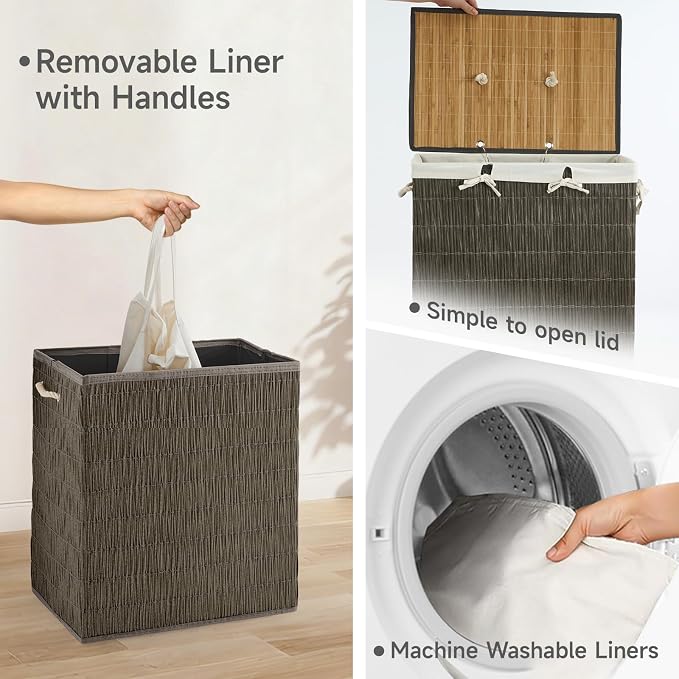Laundry Hamper with Lid, 39.6 Gallon Large Laundry Basket 2 Removable Liner Bags - Image 7